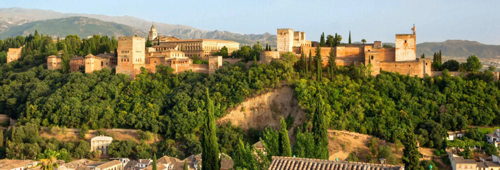 The Alhambra on its wooded hill, seen from across the valley in the Albaicin