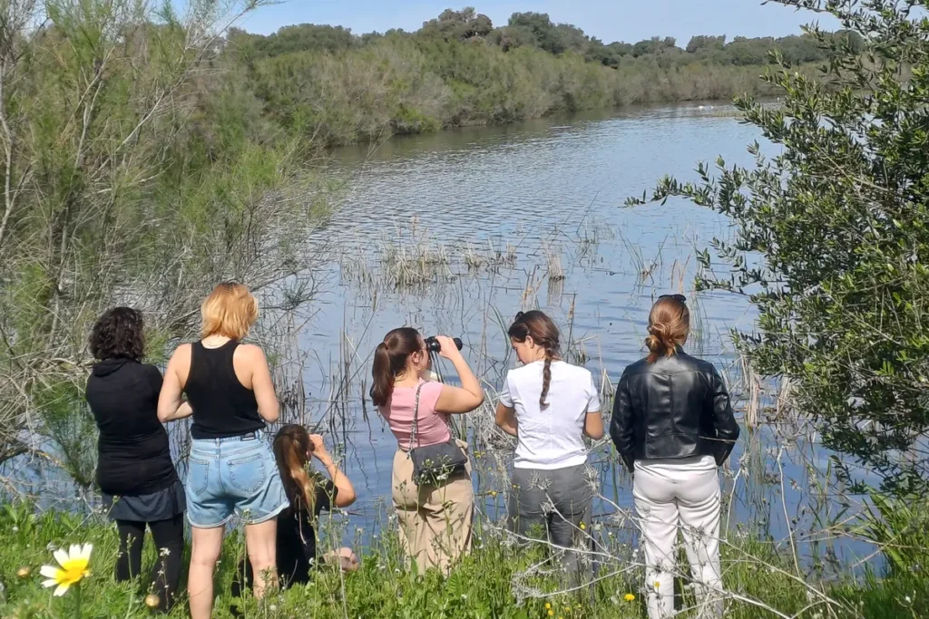 Visitors watching birds across a lagoon in Donana National Park