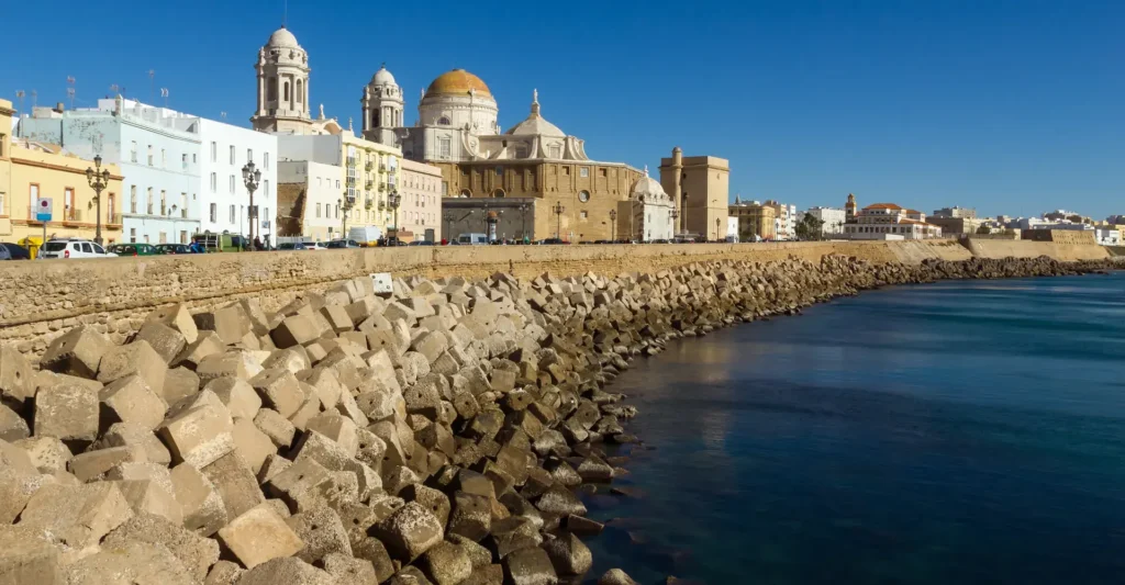 Panoramic view of the Cadiz seafront and the Atlantic breakwater