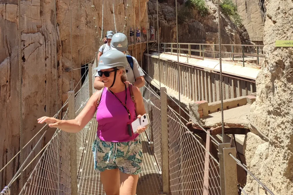 A walker on the hanging bridge over the Caminito del Rey gorge