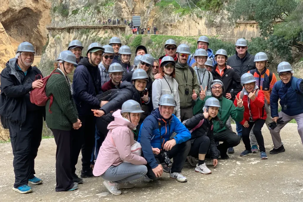 Walkers wearing the compulsory helmets at the start of the Caminito del Rey