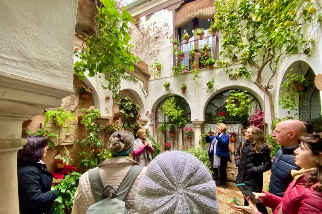 Cordoba courtyard filled with geraniums and hanging flowerpots