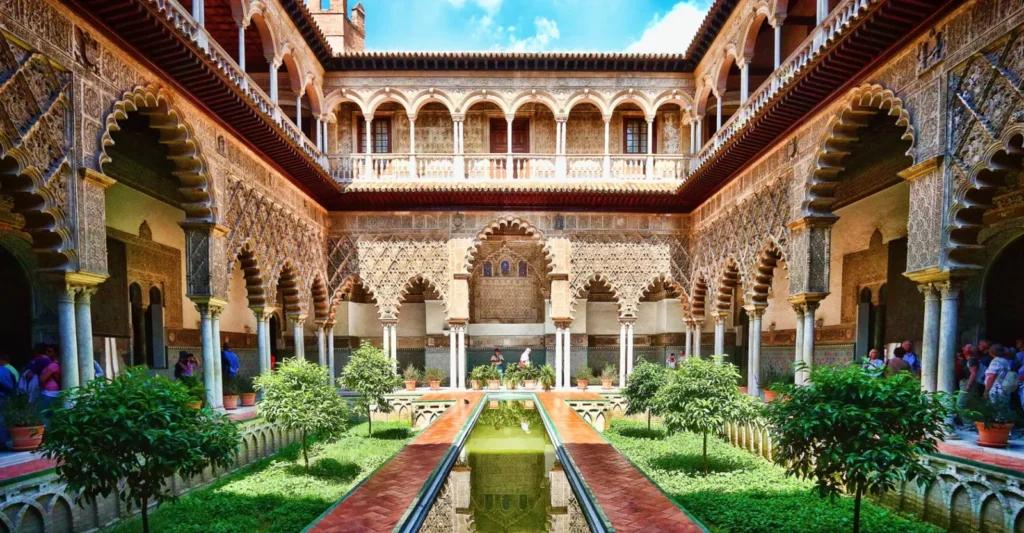 Arcaded courtyard and sunken garden at the Royal Alcazar of Seville