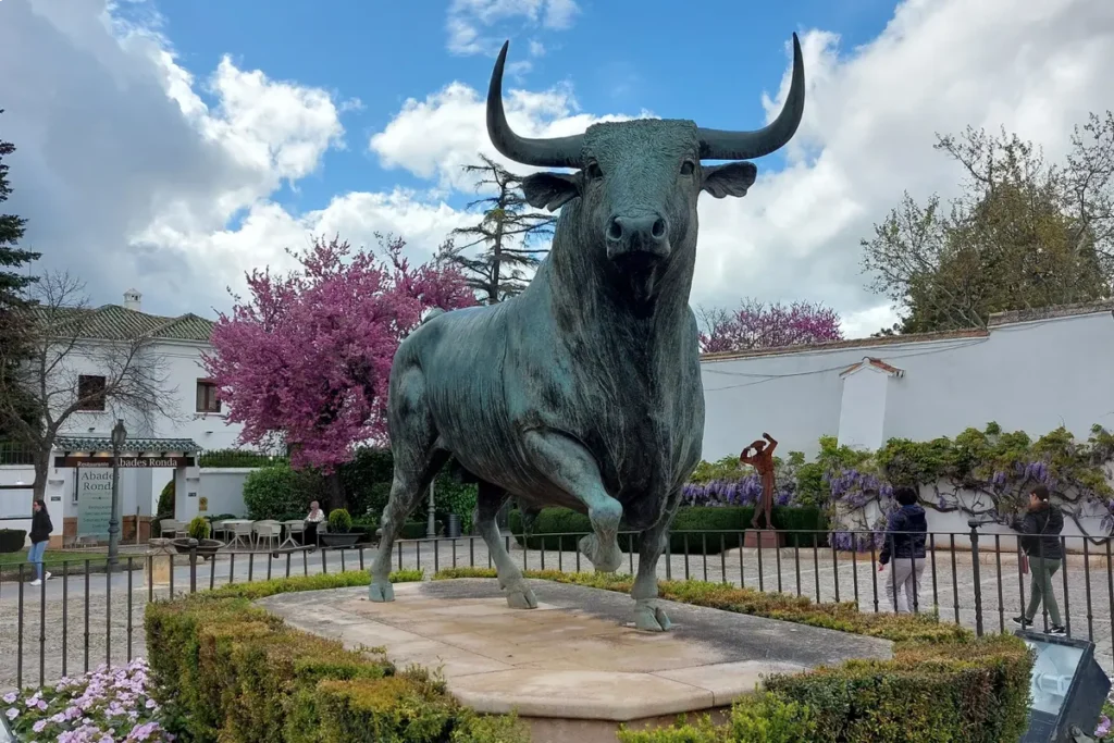 Bronze bull monument beside the bullring in Ronda, with blossom behind