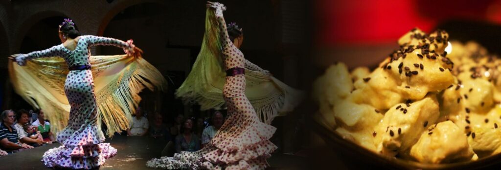 Flamenco dancers on stage and a plate of tapas, side by side