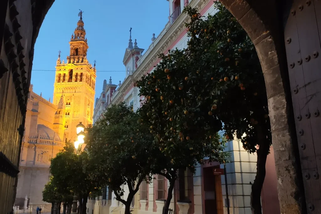 The Giralda lit at dusk, seen through an arch with orange trees