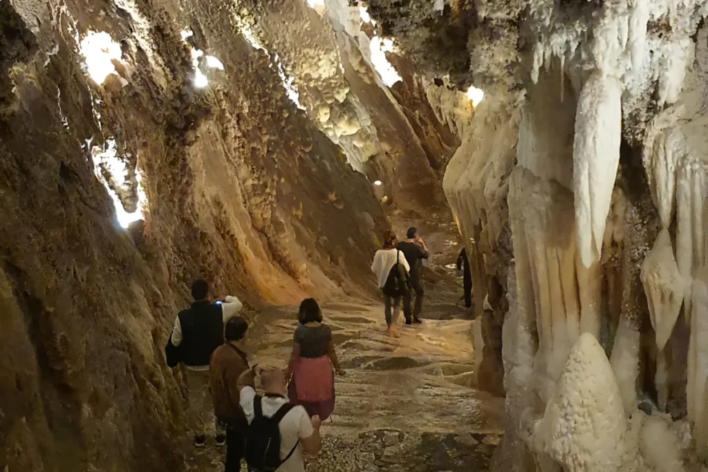 Stalactites and lit galleries inside the Gruta de las Maravillas in Aracena