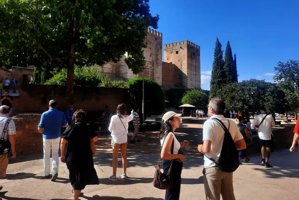 The Plaza de los Aljibes inside the Alhambra, below the towers of the Alcazaba