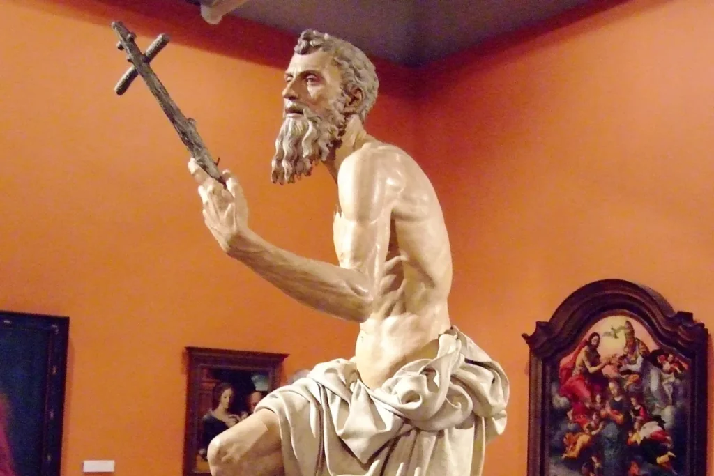 Polychrome wooden sculpture of a saint at the Museum of Fine Arts in Seville