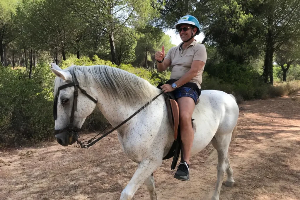 A rider on a grey Andalusian horse on a woodland track