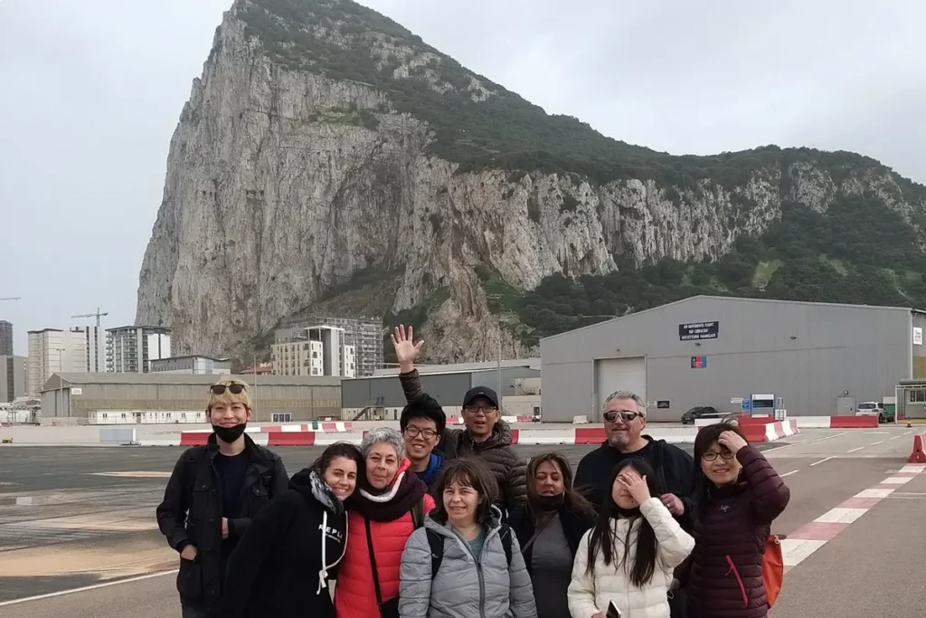 The Rock of Gibraltar rising above the isthmus, seen from the Spanish side