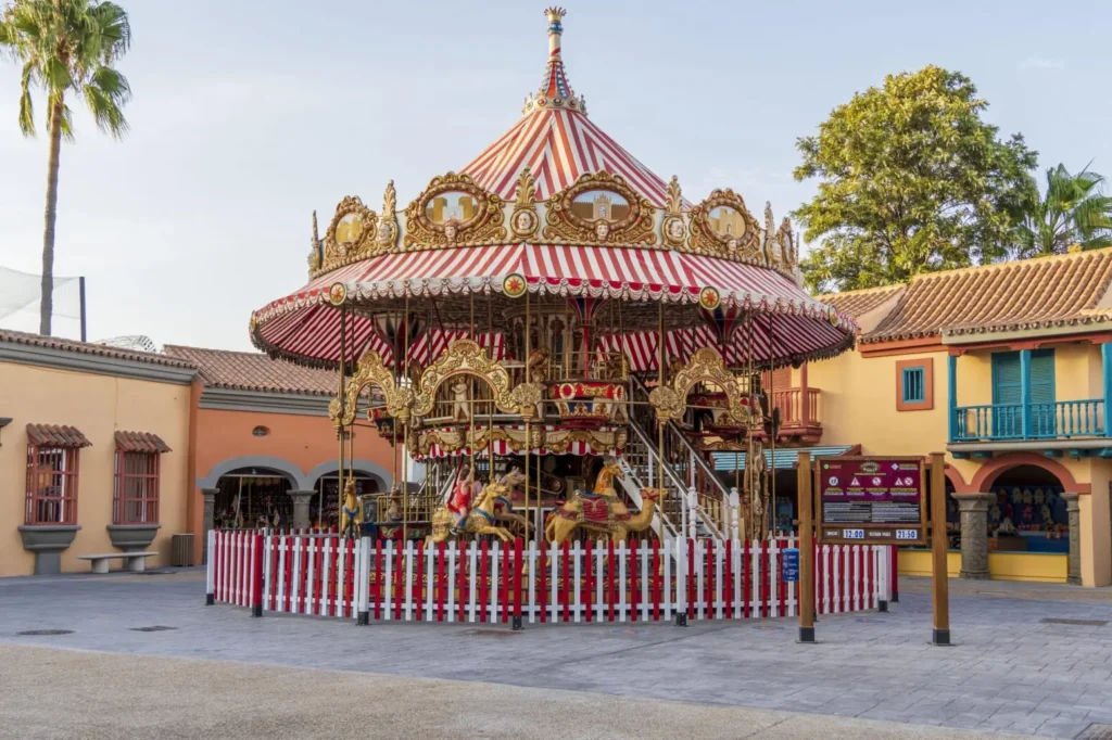 A roller coaster in action at the Isla Magica theme park in Seville
