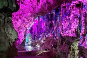 Lit stalactite chamber inside St Michaels Cave in the Rock of Gibraltar