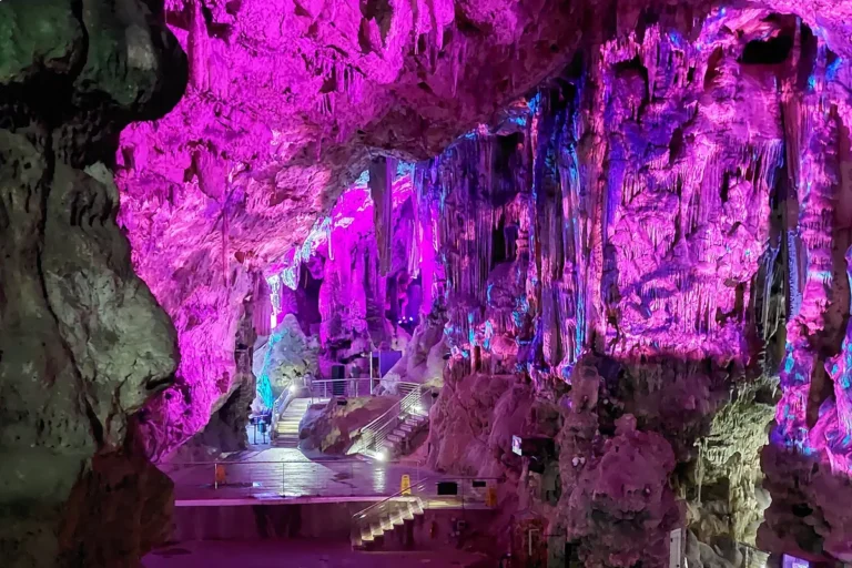 Lit stalactite chamber inside St Michaels Cave in the Rock of Gibraltar