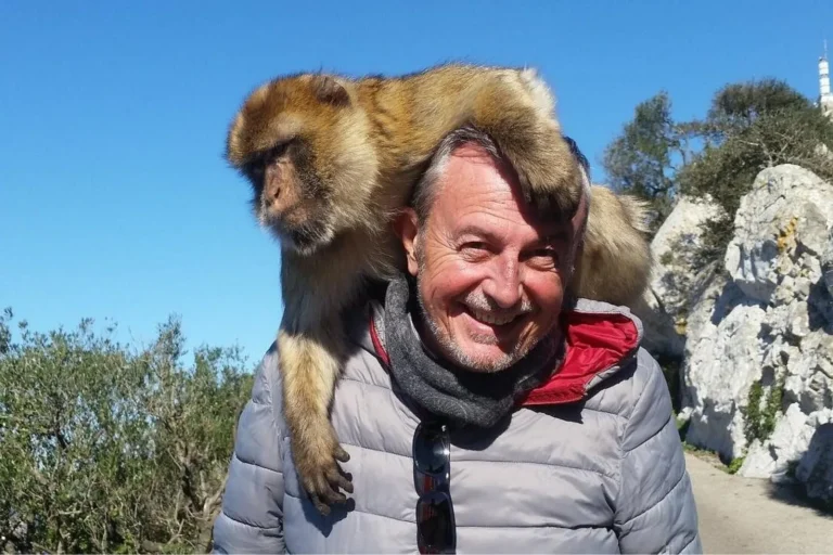 A traveler with a Barbary macaque on his shoulders in Gibraltar