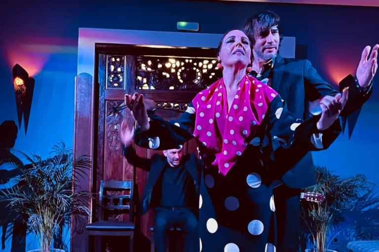 Two flamenco dancers on stage during a show at a tablao in Triana