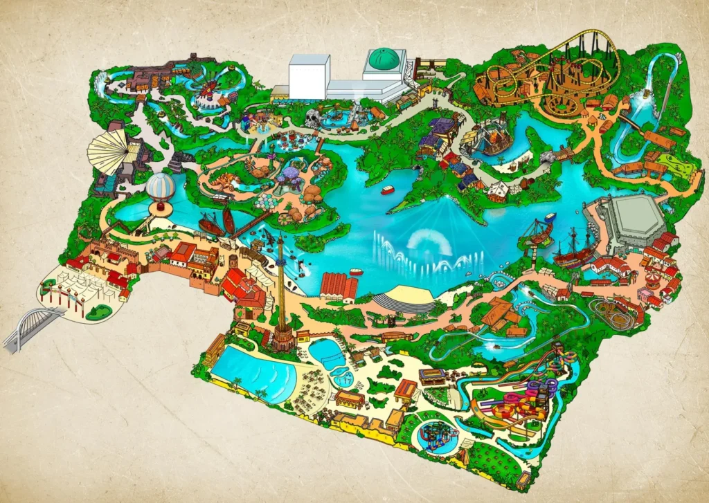 Slides and pools at the Agua Magica water park in Seville